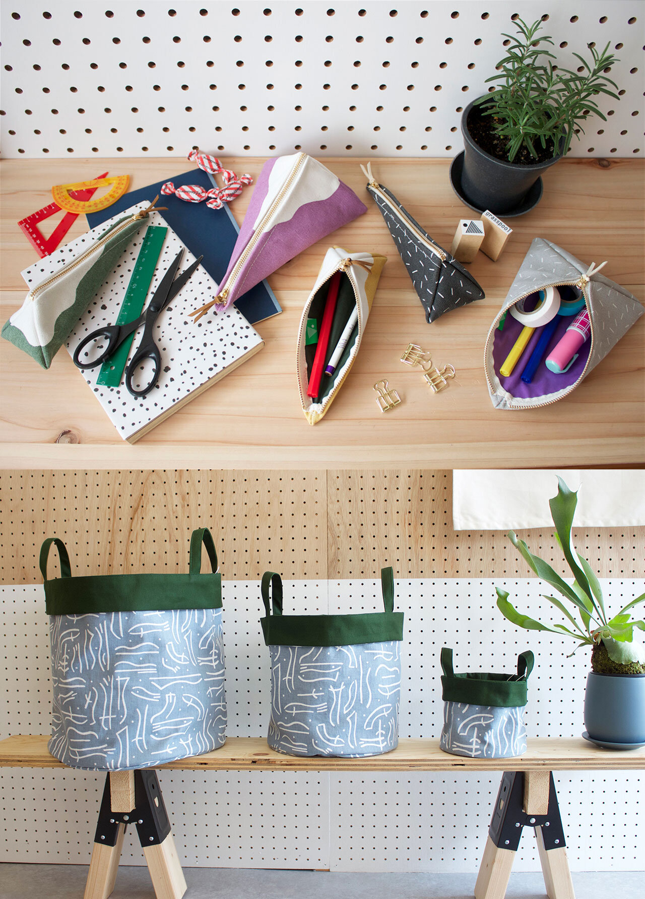 小西さんが制作するgrasspool製品。香川の風景をテーマにしたSANUKI Textileのポーチ、ペンケース、収納バスケット